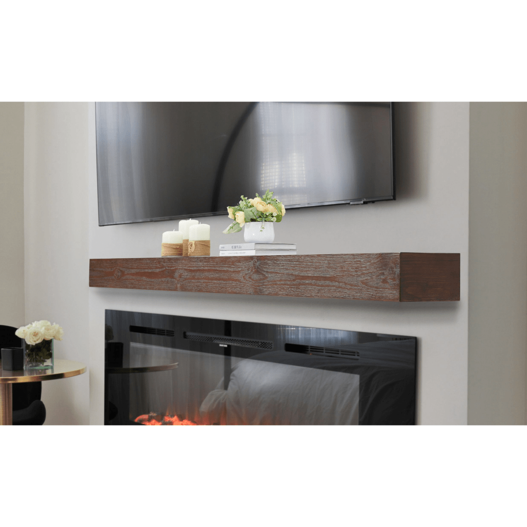 Detail shot of the Espresso 84 inch encase mantel in a room setting