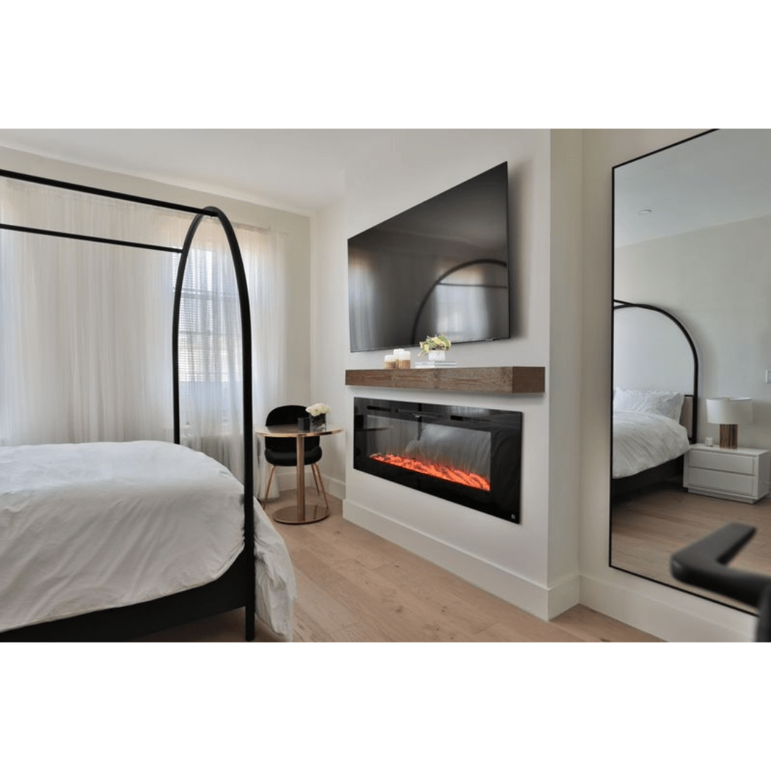 Room setting photo showing the 84 inch espresso encase mantel sitting above a Touchstone fireplace