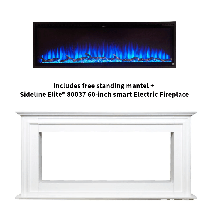 This freestanding mantel features a classic white mantel plus the Touchstone Sideline Elite 60 Smart ElectricFireplace