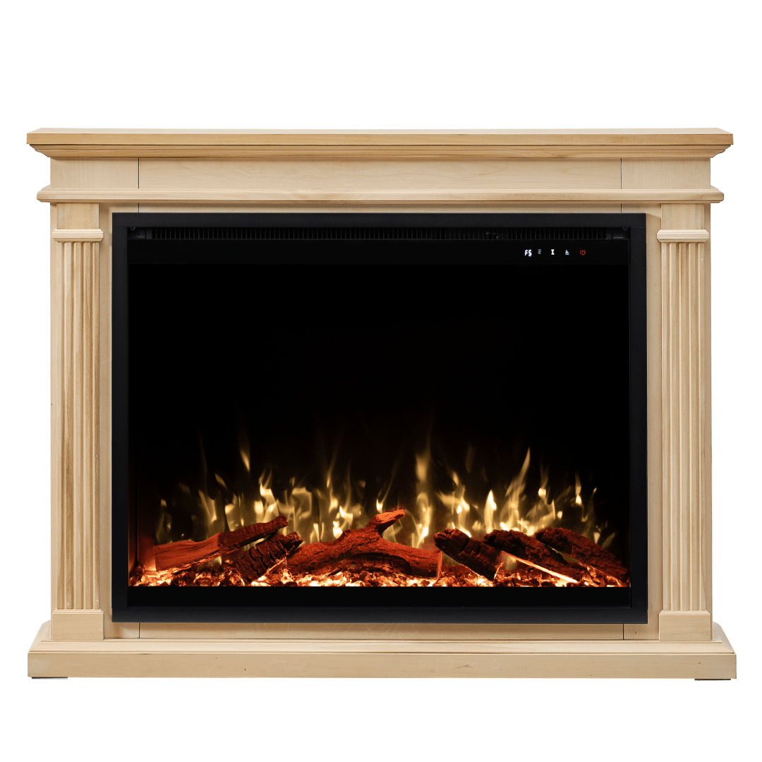 Touchstone Fireplug and Encase Surround Mantel 90016 on white with yellow flames