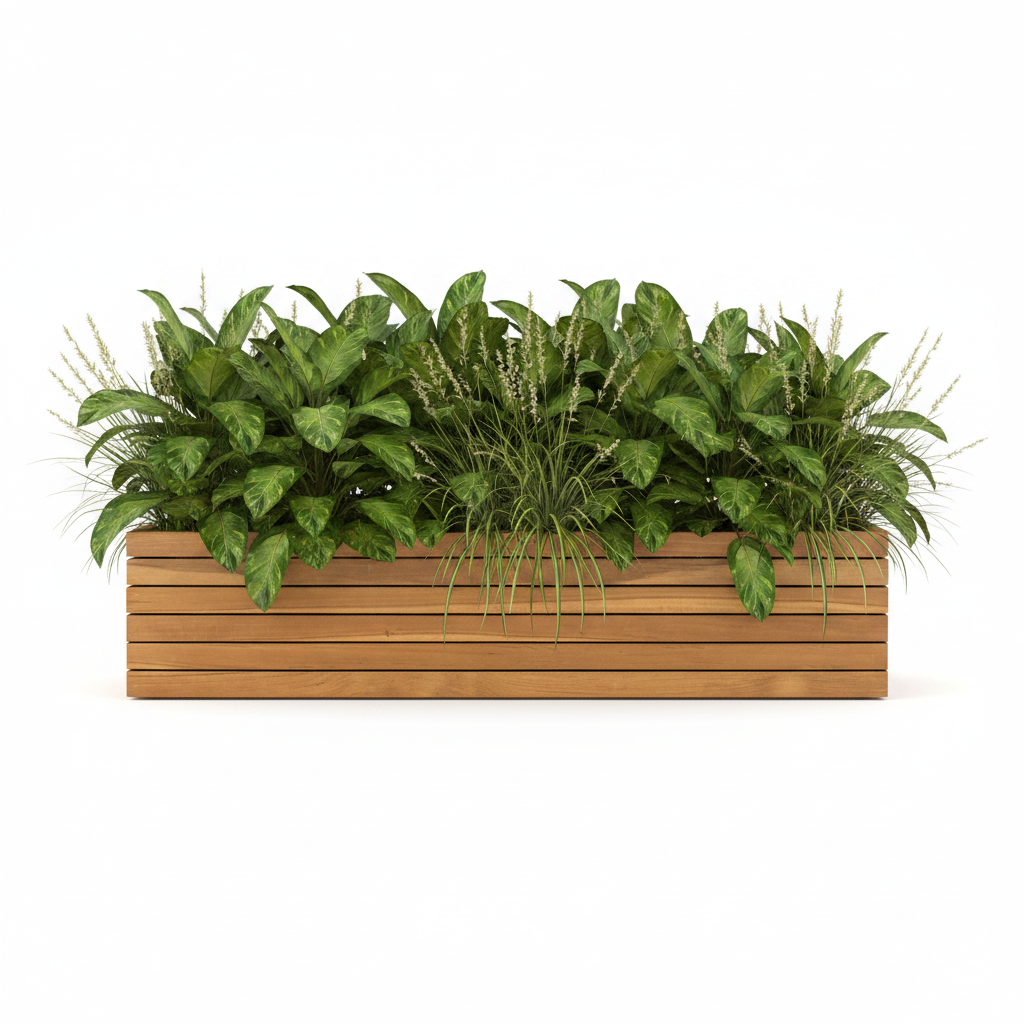 Touchstone Teak Long Teak Planter 90025 front facing shot with plants on white.