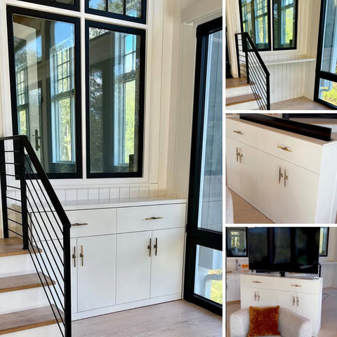 Touchstone Whisper Lift TV lift in custom cabinet in front of window by Litchfield County Custom Fabrication