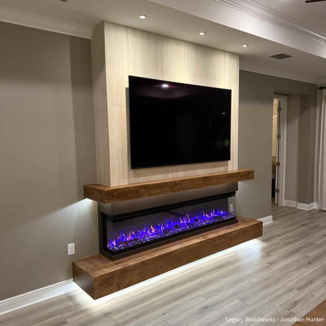 Touchstone Sideline Infinity Pro 84 inch 3-Sided Electric Fireplace installation lifestyle image done by, Jonathan Hunter from Legacy Woodworks.