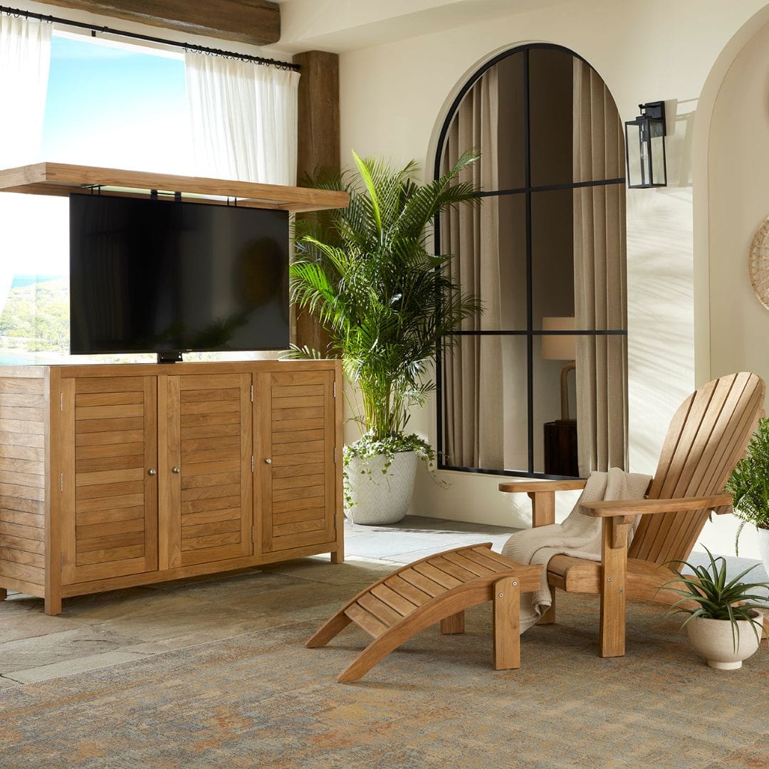 Touchstone TechTeak TV Lift Cabinet lifestyle image side angle view.