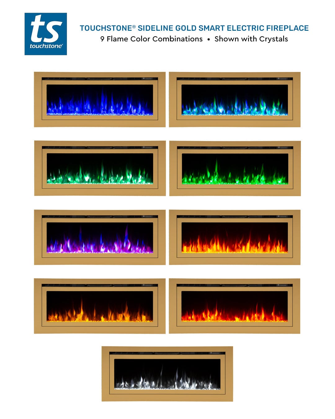 Touchstone Gold Smart Electric Fireplace with nine flame colors