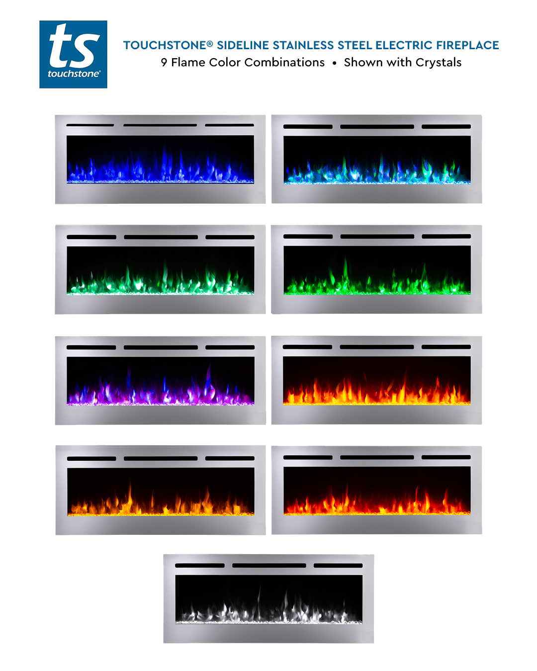 Touchstone Sideline Stainless 9 flame colors shown with crystal embers