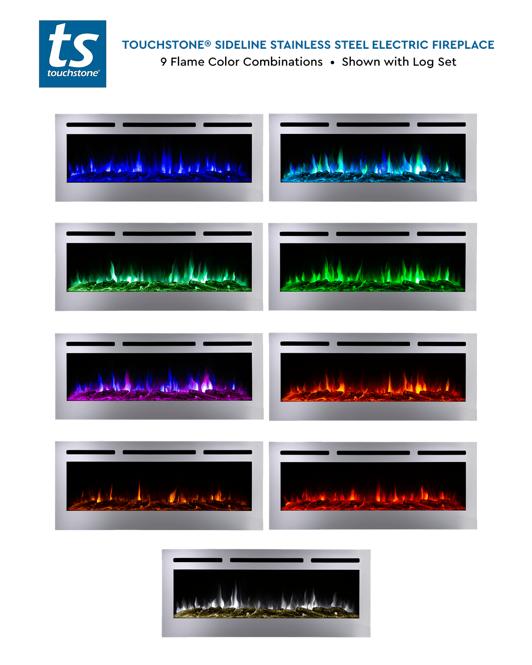 Touchstone Sideline Stainless Electric Fireplace 9 flame colors shown with log set