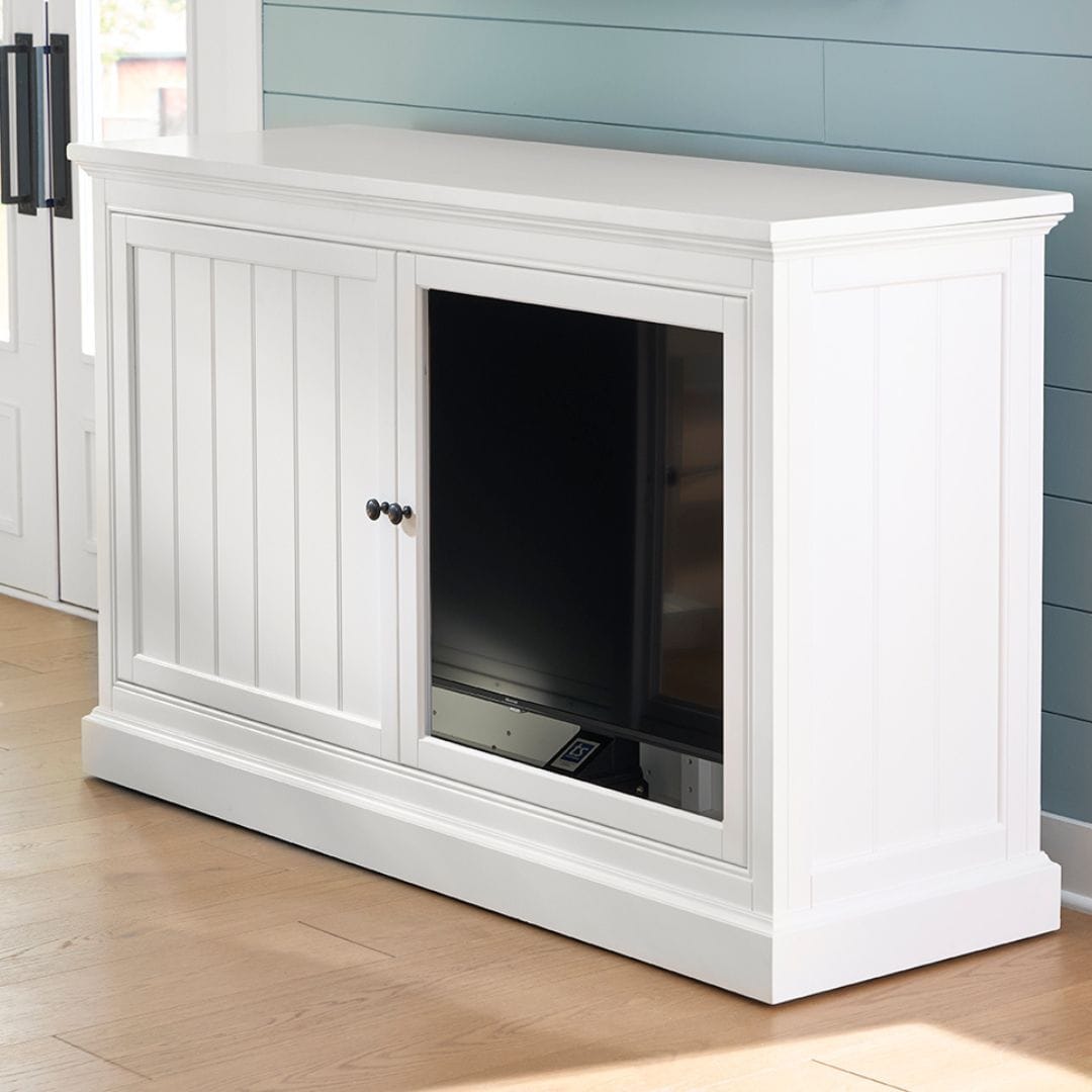 Touchstone Shoreline White TV Lift Cabinet 72016 lifestyle image with one door removed.