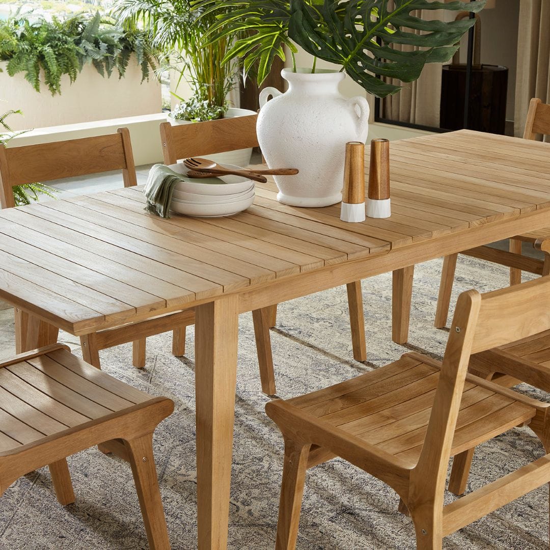 Touchstone Eluna Teak Outdoor Dining Set Lifestyle Photo showing details up close.