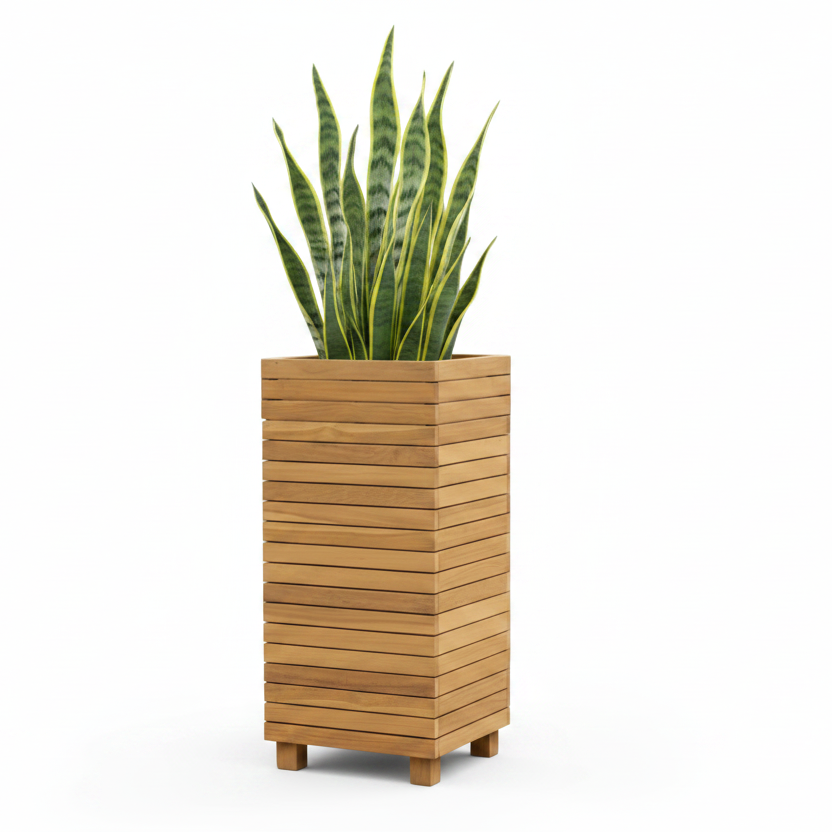 Touchstone Teak Tall Teak Planter 90024 angled photo with plant on white.