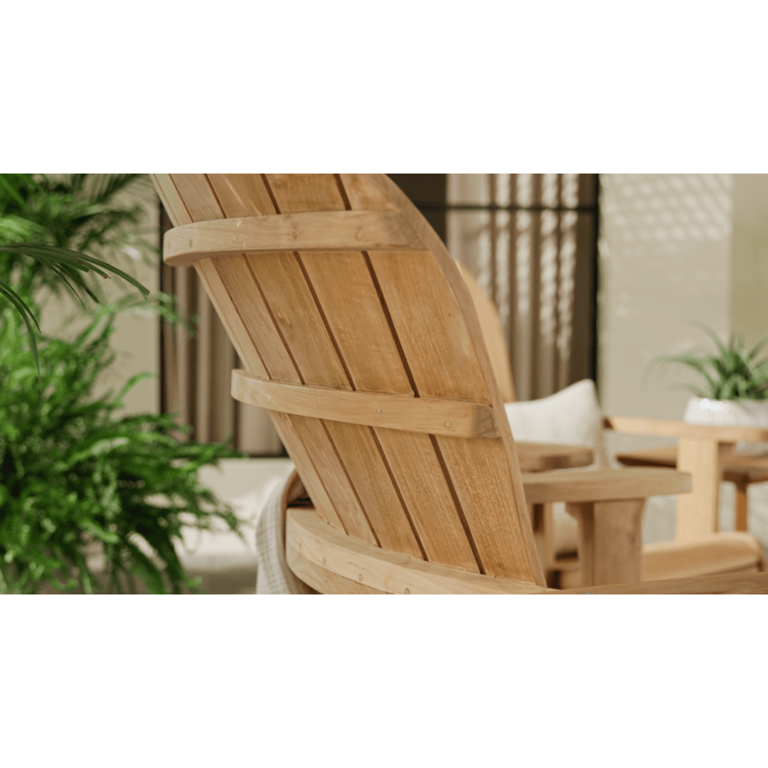 Touchstone Ayenya Teak Adirondack chair lifestyle photo showing the details of the back of the chair.