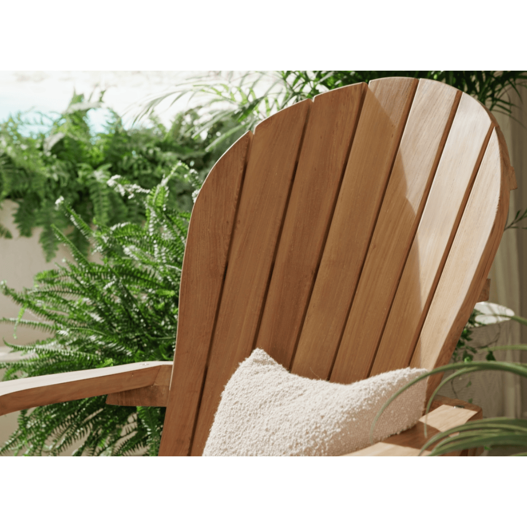 Touchstone Ayenya Teak Adirondack chair lifestyle photo showing the back of the chair seats detial