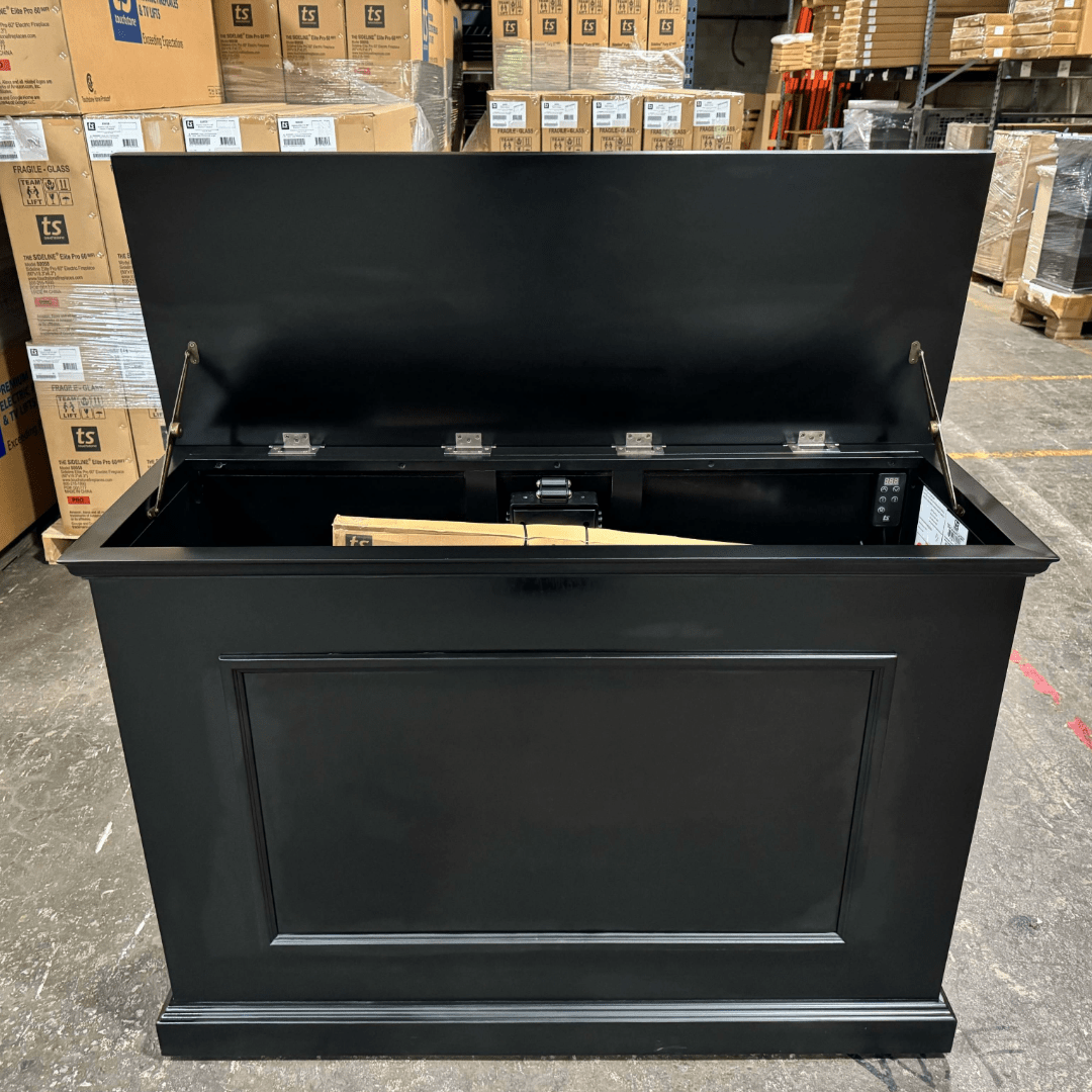 Black Elevate TV Lift Cabinet showroom unit photographed in the warehouse.