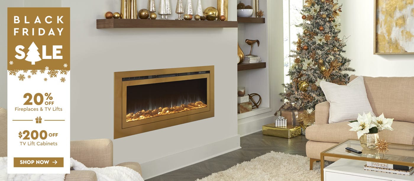 Touchstone Black Friday sale banner with Touchstone Sideline Deluxe® Gold Smart Electric Fireplace in living room decorated for Christmas
