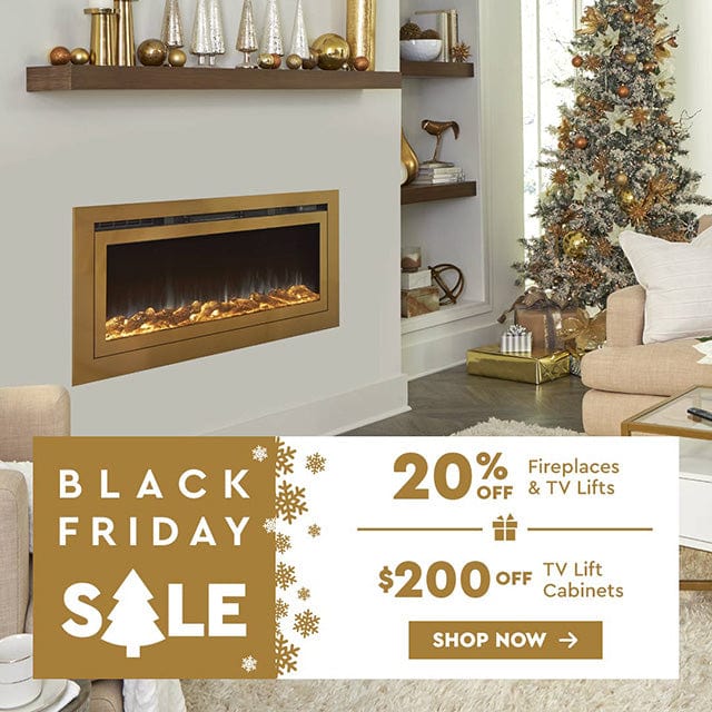 Touchstone Black Friday Sale banner mobile size featuring Touchstone  Sideline Deluxe® Gold Smart Electric Fireplace in living room decorated for Christmas