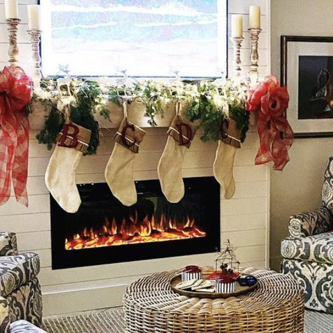 Sideline Electric Fireplace decorated for the holidays by @carlascoastalcreations