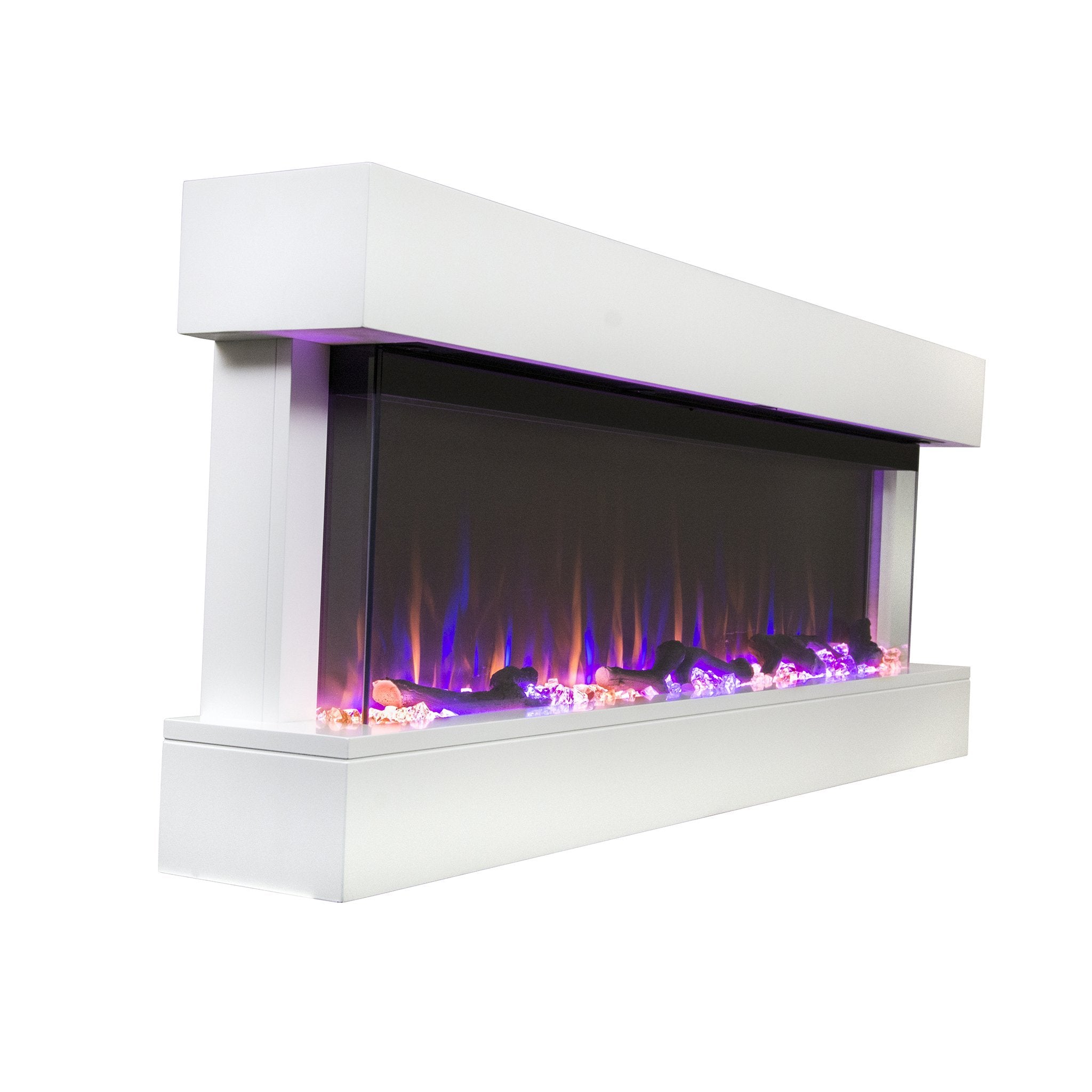 Chesmont White 80033 Wall Mount 3-Sided Smart Electric Fireplace shown up close at an angle.