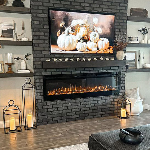 Touchstone Sideline 72 Smart Electric Fireplace in dark brick wall decorated for Halloween by @countryrhodesleadhome