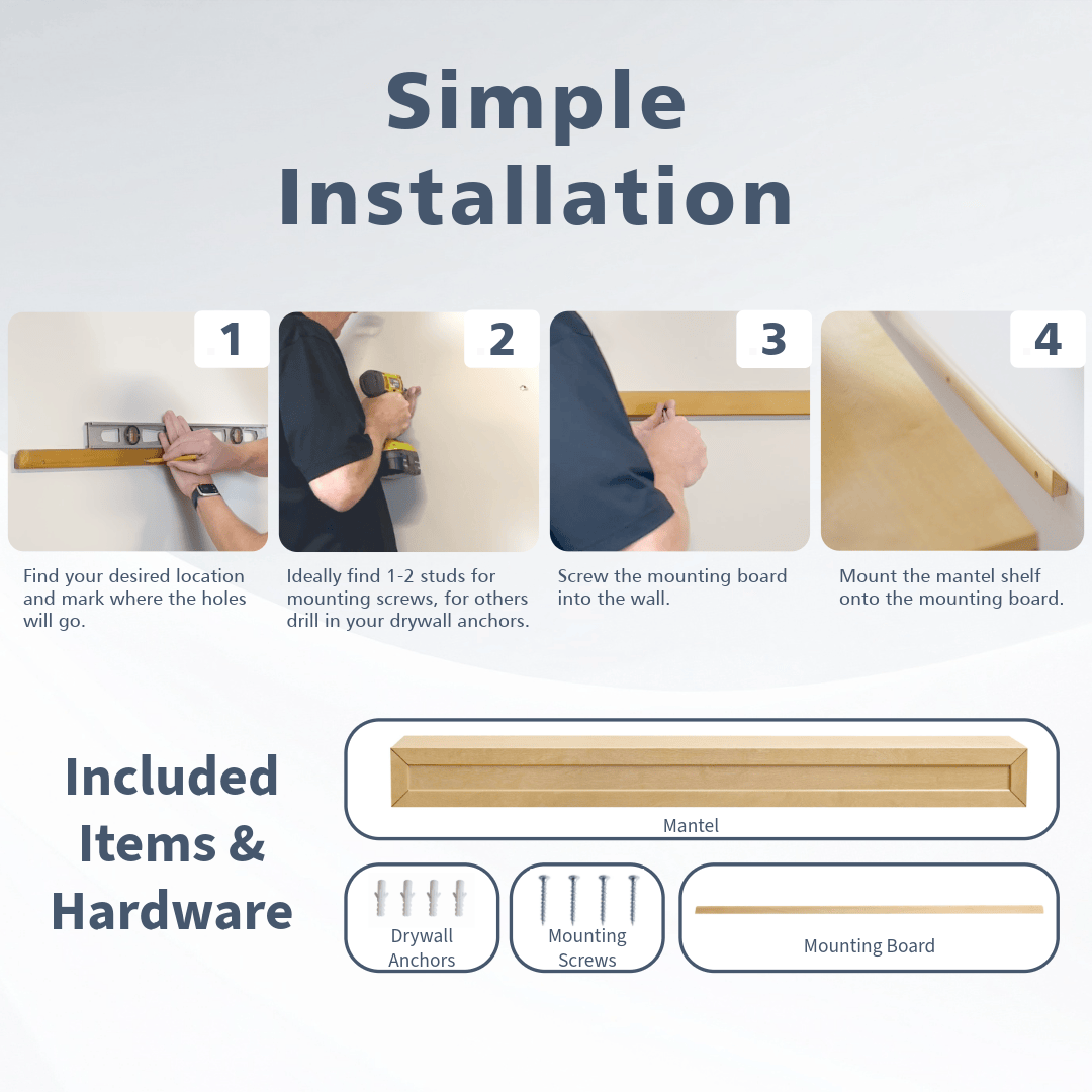 Touchstone 90018 Hidden Storage Wood Mantel easy installation infographic.