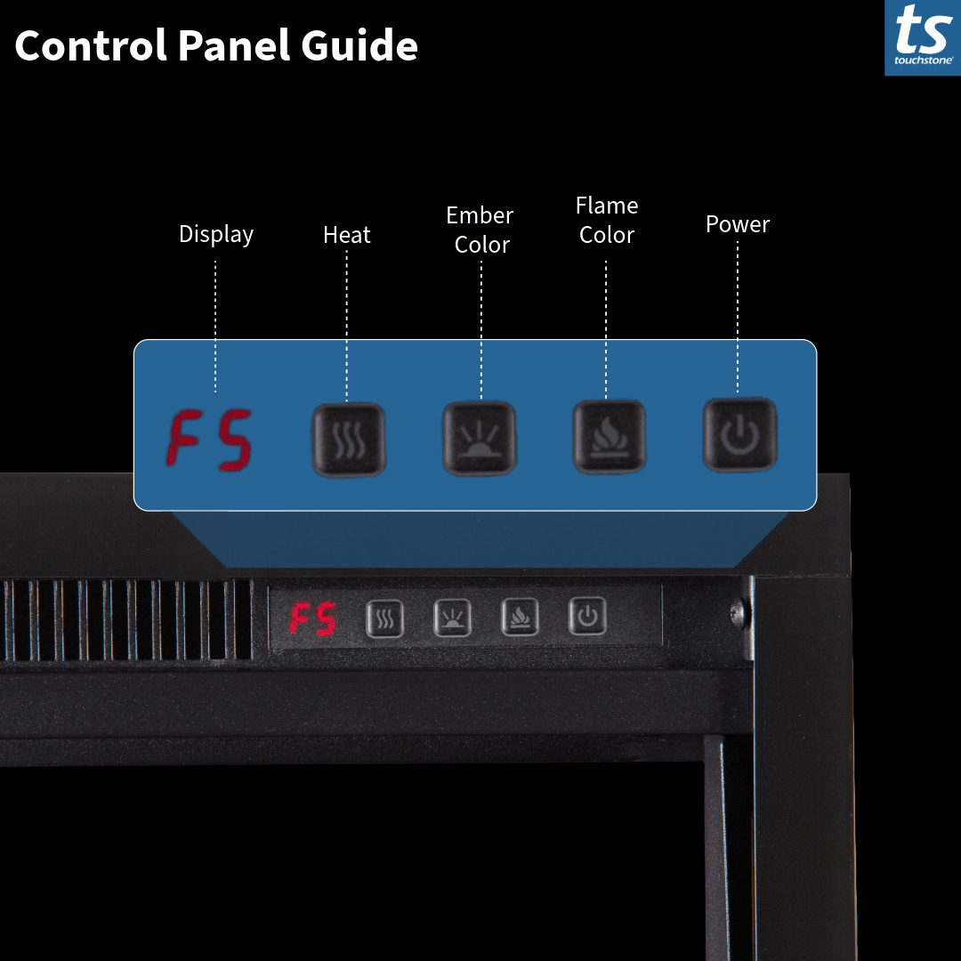 Touchstone Electric Fireplace control panel infographic