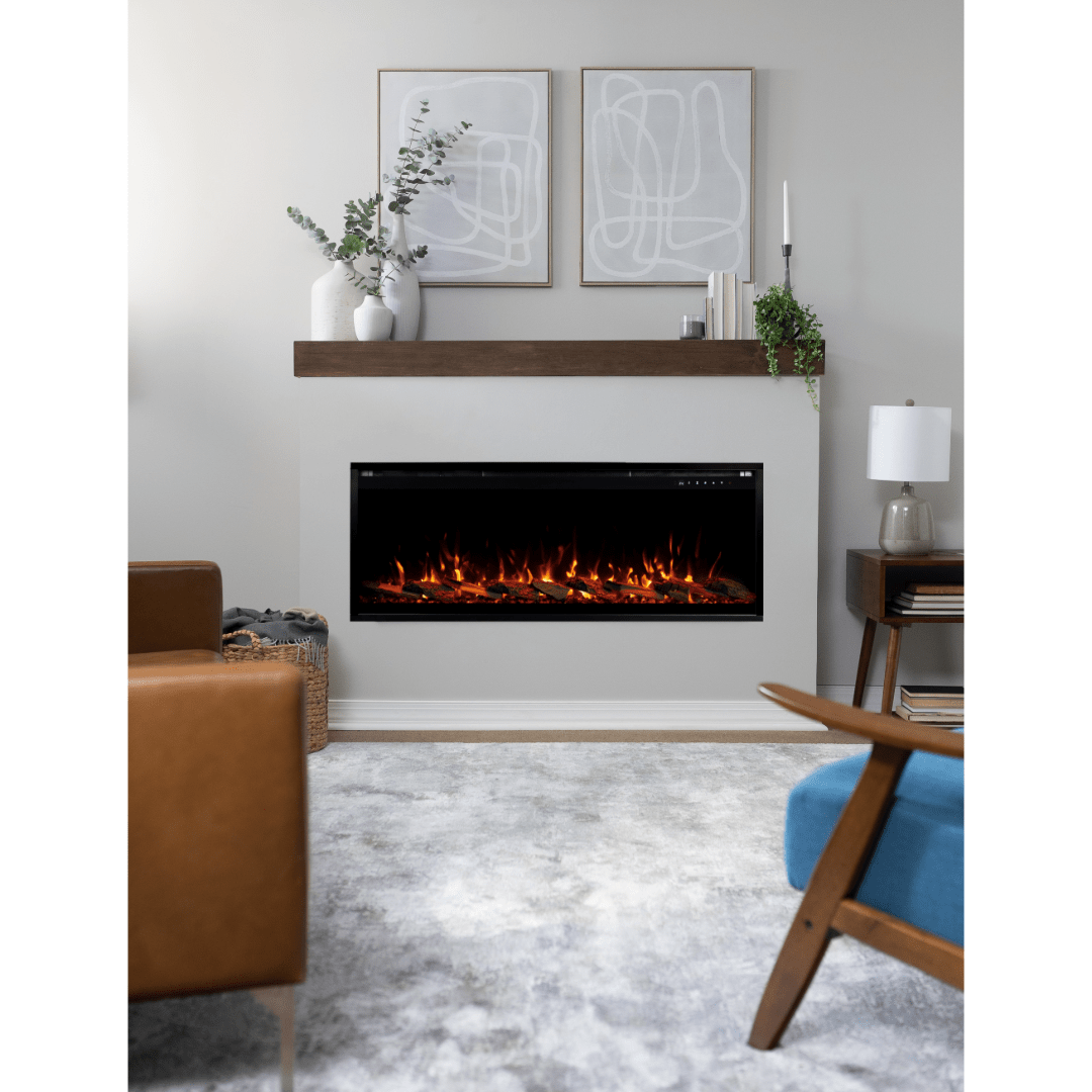 Touchstone Sideline Elite Pro Smart Electric Fireplace recessed in a living room accent wall, with a Touchstone Encase Floating Shelf Mantel mounted above.