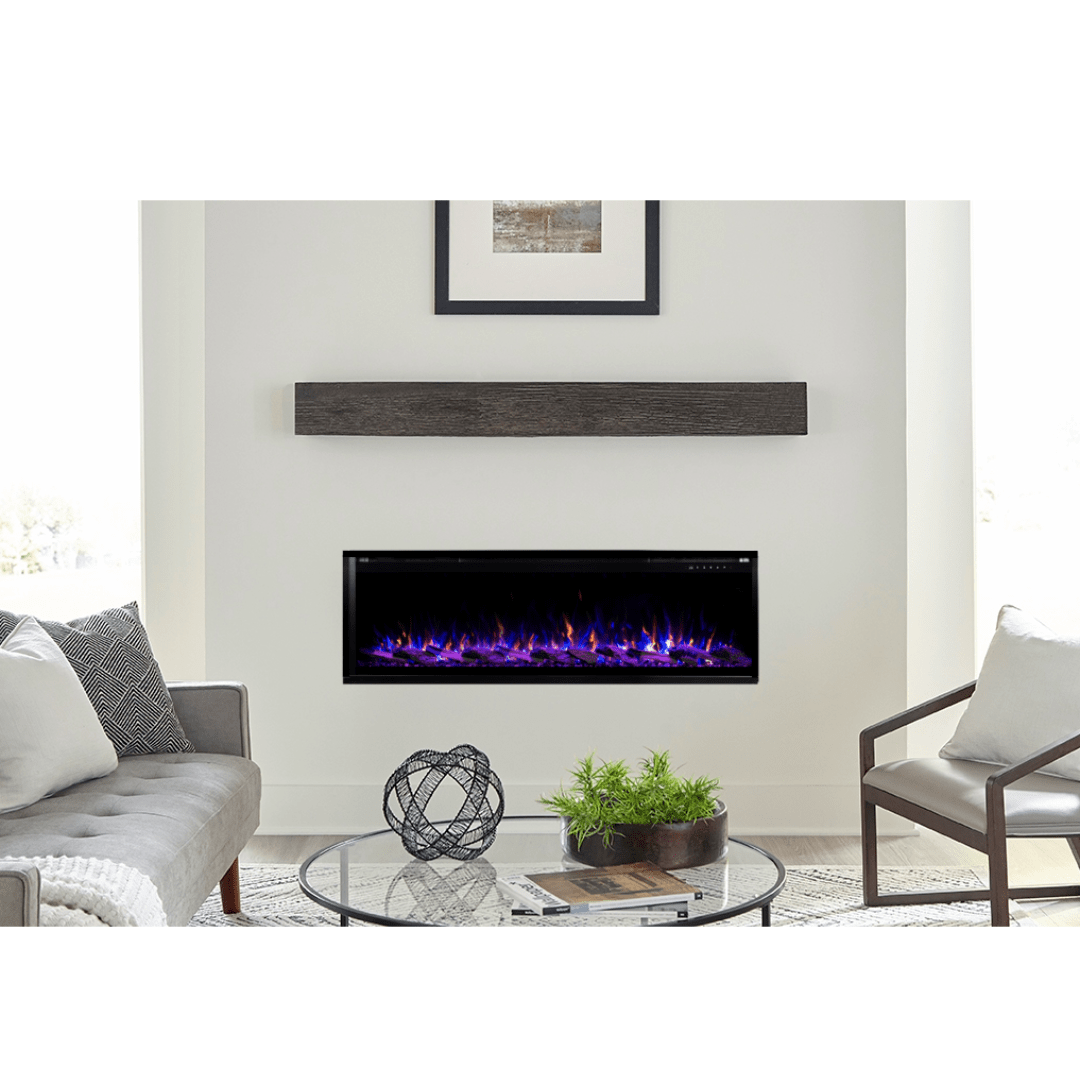 Touchstone Sideline Elite Pro Smart Electric Fireplace recessed in a living room accent wall, with a Touchstone Encase Floating Shelf Mantel mounted above.