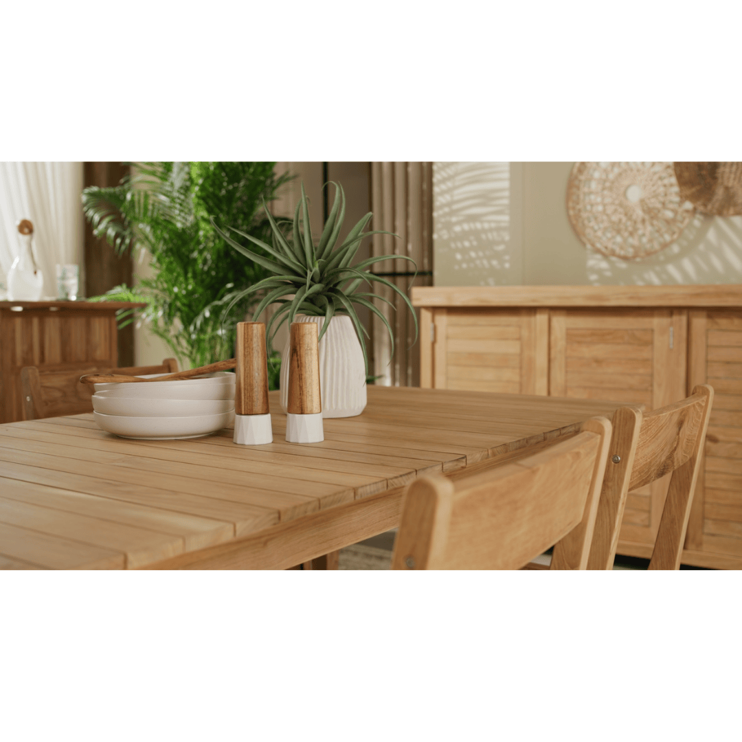 Touchstone Eluna Teak Outdoor Dining Set Lifestyle Photo close up.