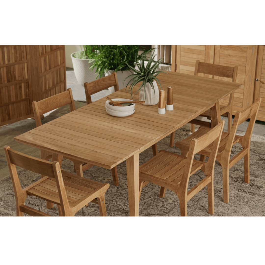 Touchstone Eluna Teak Outdoor Dining Set Lifestyle Photo of 6 chairs being used.