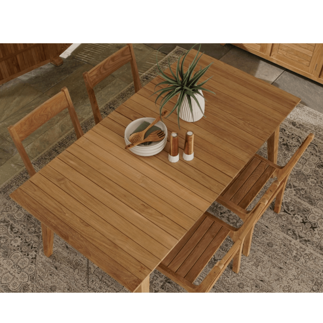 Touchstone Eluna Teak Outdoor Dining Set Lifestyle Photo from an above angle.