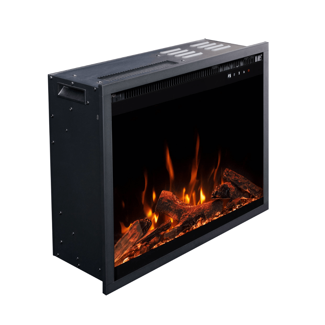 Touchstone Fireplug electric fireplace on an angle on white