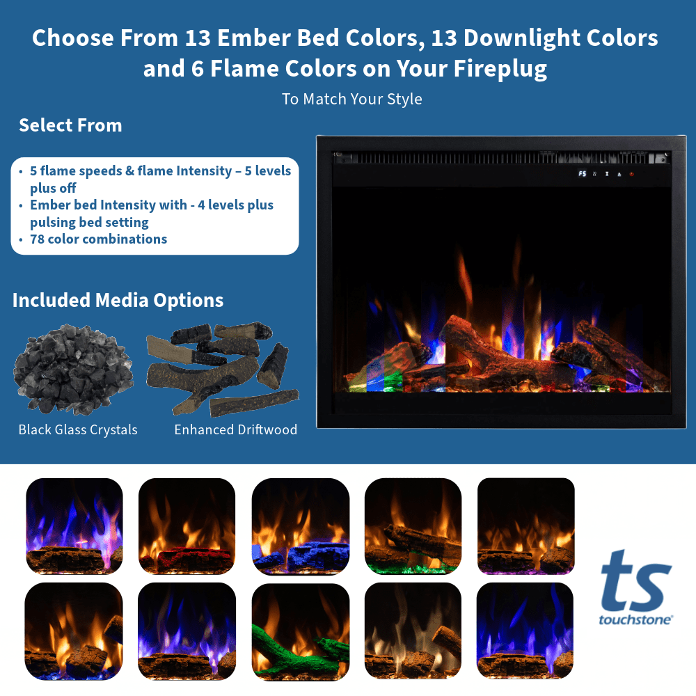 Touchstone Fireplug Electric fireplace on white showing the flame/ember/downlight color options
