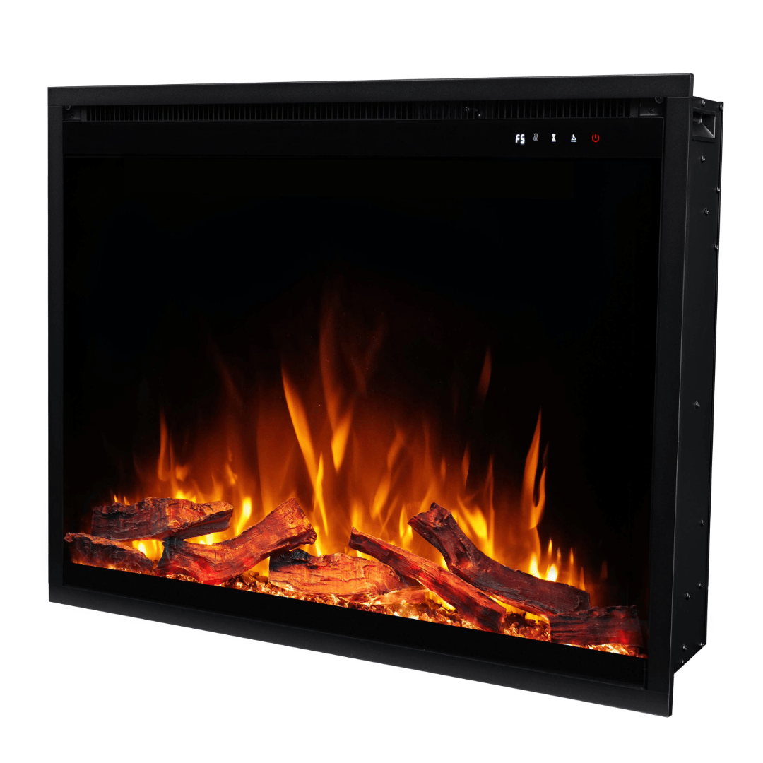 Touchstone Fireplug Pro Electric Fireplace insert 38-inch 80075 angled photo of the orange flames on white.