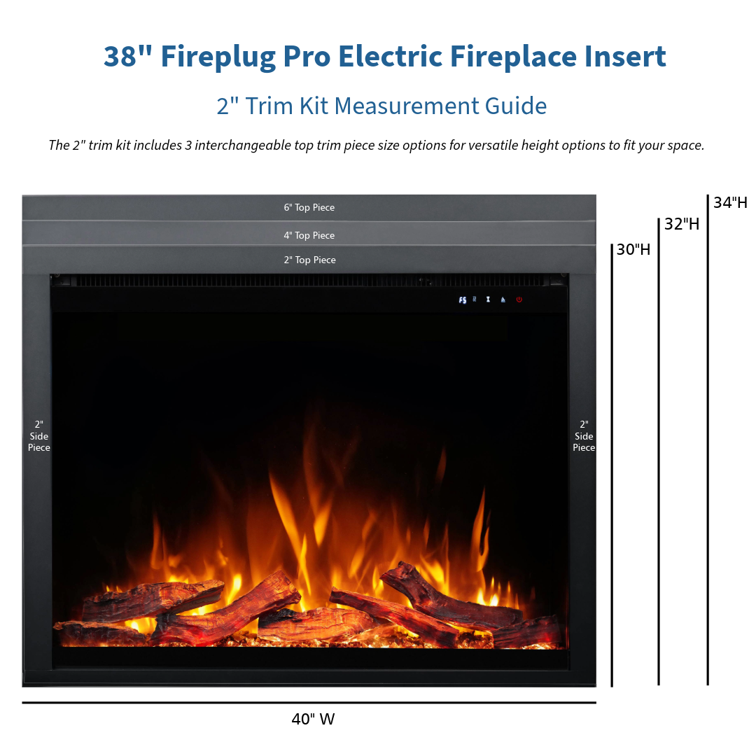Fireplug Pro 38 inch Electric Fireplace Insert trim kit measurement guide infographic.