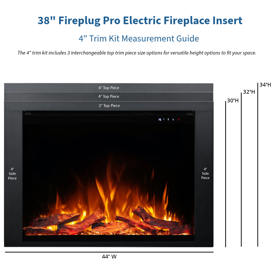 Fireplug Pro 38 inch Electric Fireplace Insert trim kit measurement guide infographic.