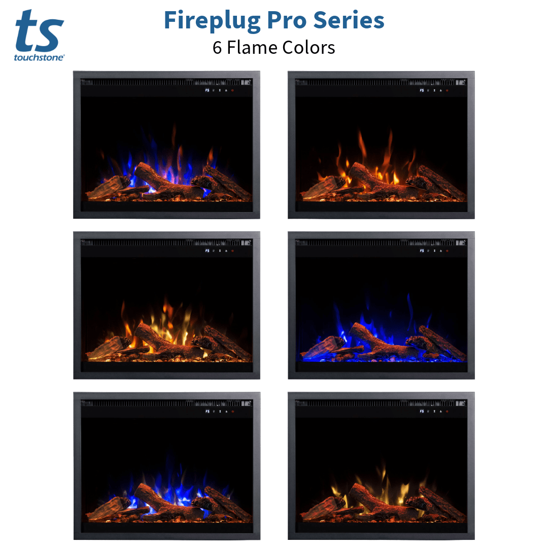 Touchstone Fireplug Pro Electric Fireplace 6 flame color options graphic