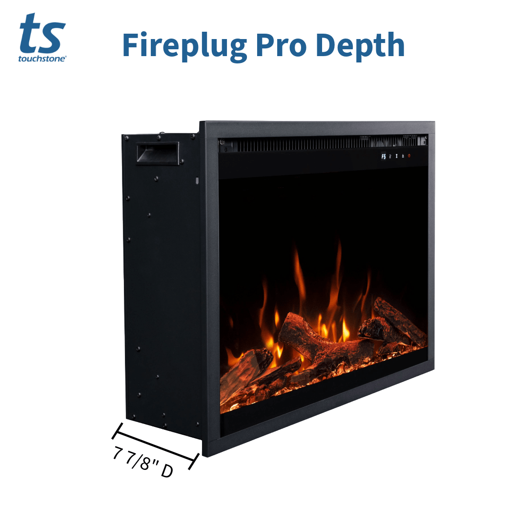 Touchstone Fireplug Pro electric fireplace depth graphic