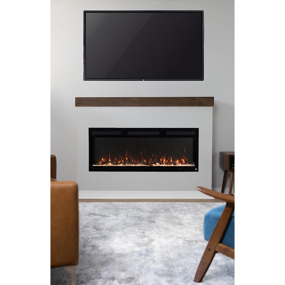 The fury fireplace with a TV above it