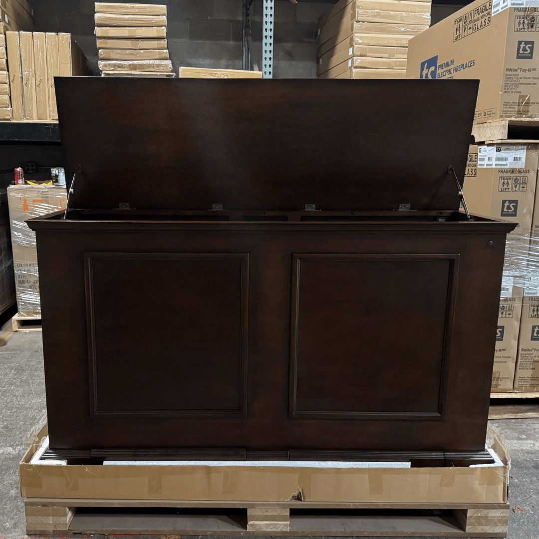 Grand Elevate open box tv lift cabinet photographed in the warehouse.