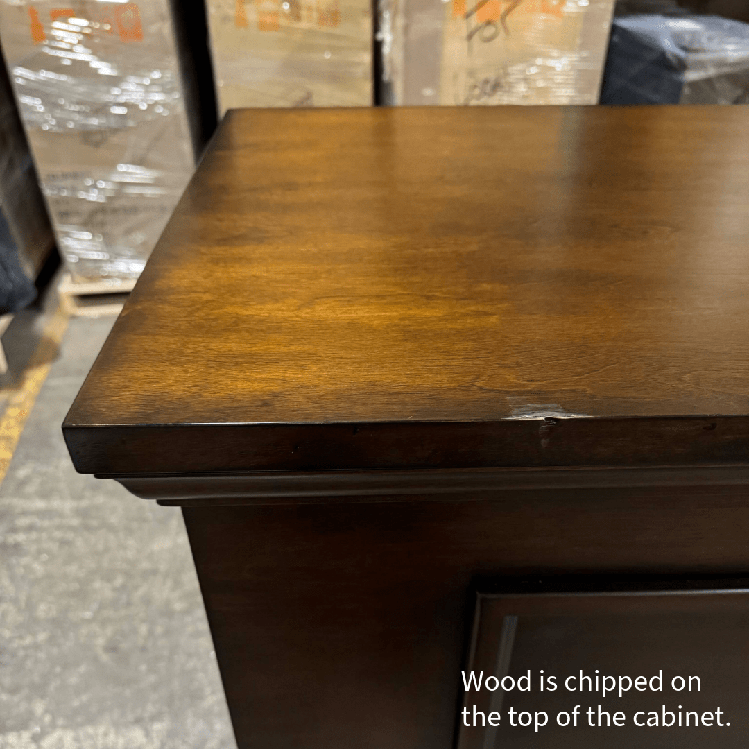 Grand Elevate open box tv lift cabinet photographed in the warehouse.