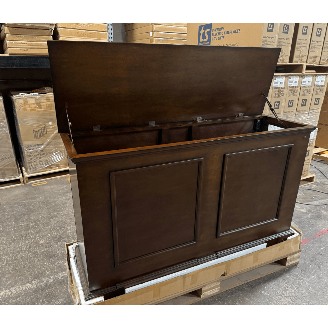 Grand Elevate open box tv lift cabinet photographed in the warehouse.