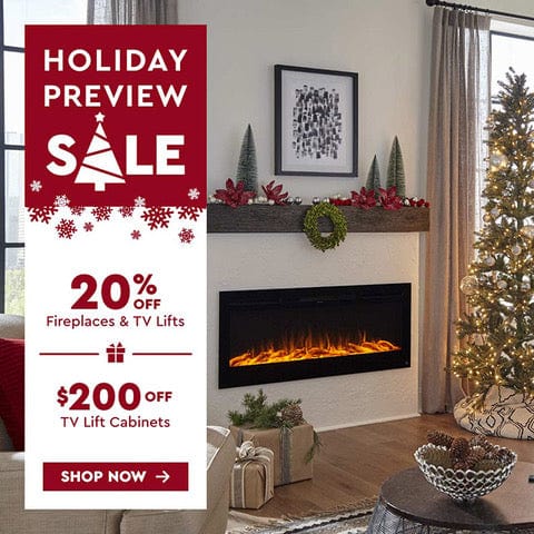 Mobile presentation of Touchstone Sideline Electric Fireplace and Christmas tree
