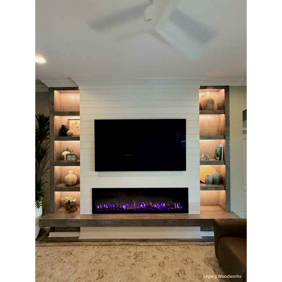 Legacy Woodworks Sideline Elite Pro 60-inch fireplace installation lifestyle photo.