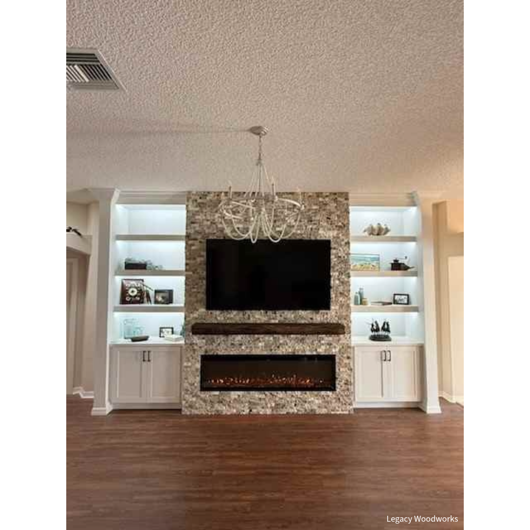 Legacy Woodworks Sideline Elite Pro 60-inch fireplace installation lifestyle photo.