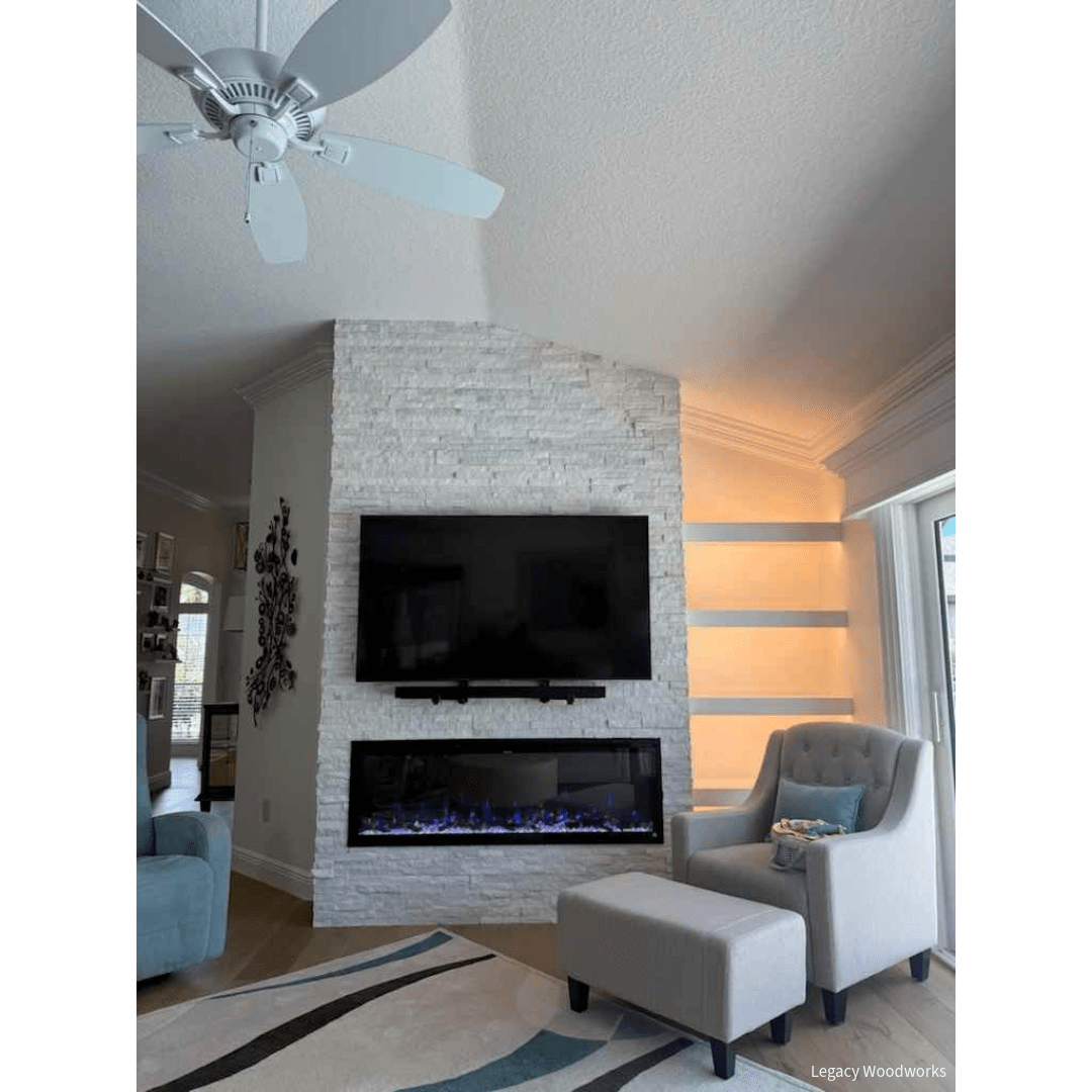 Legacy Woodworks customer install room setting photo of their Touchstone Home Products Electric Fireplace