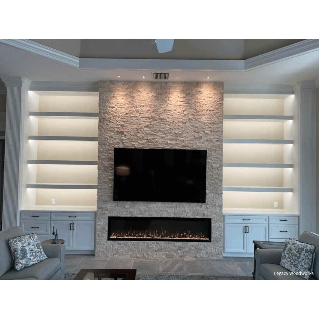Legacy Woodworks customer install room setting photo of their Touchstone Home Products Electric Fireplace