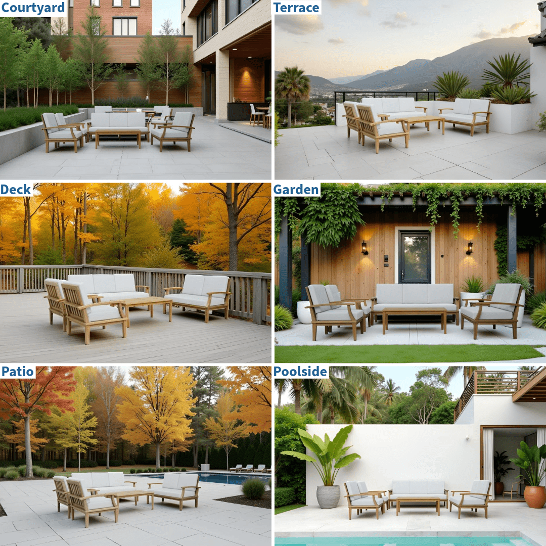 Touchstone Solena Teak 5 piece sofa set location option graphic