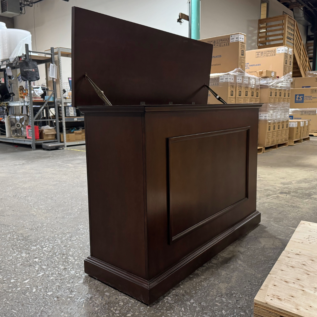 Touchstone Mini Elevate Smart TV Lift Cabinet in espresso finish photographed in the warehouse - showroom unit.