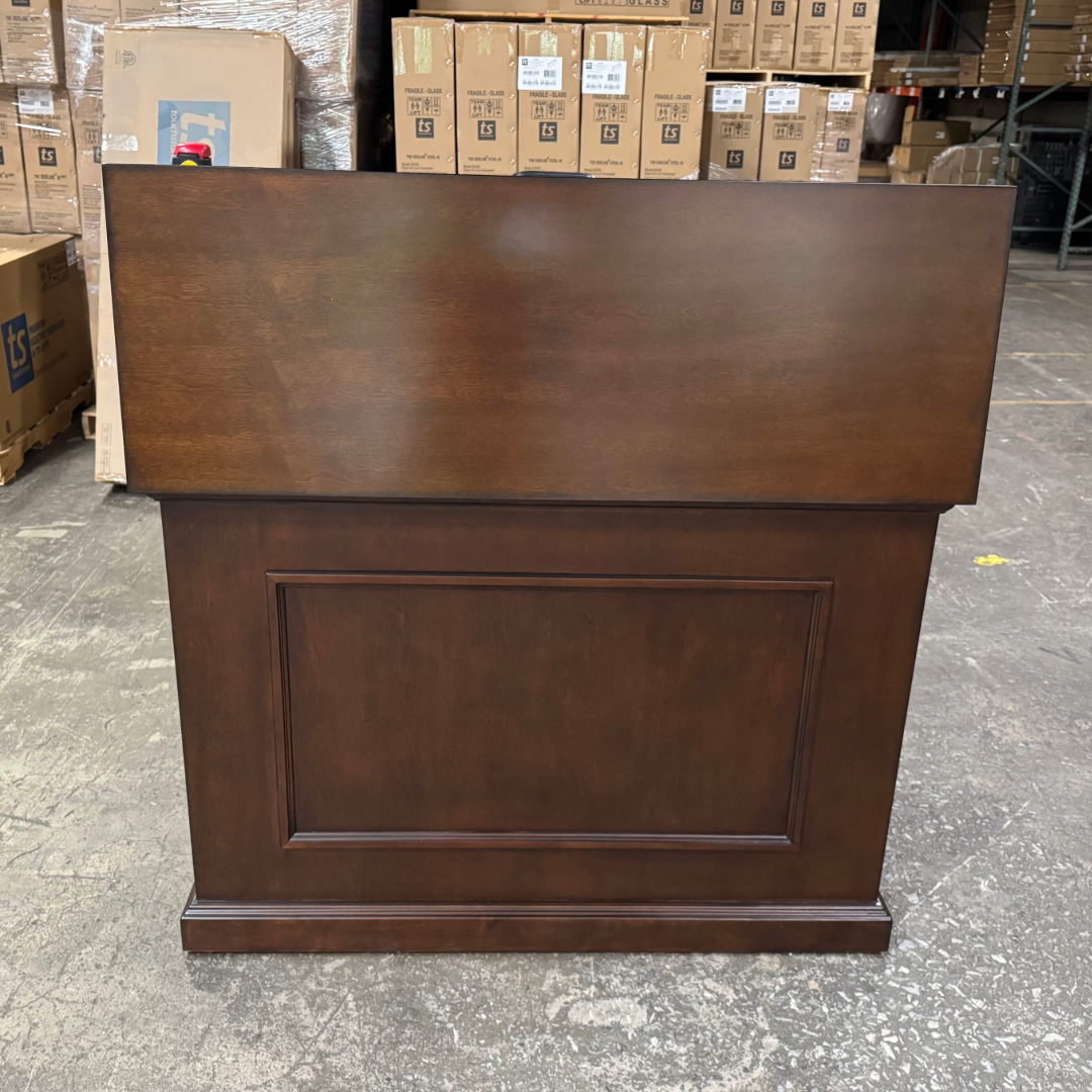Touchstone Mini Elevate Smart TV Lift Cabinet in espresso finish photographed in the warehouse - showroom unit.