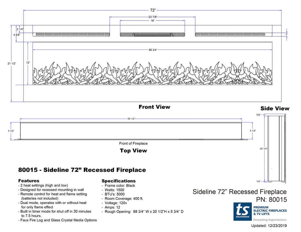 The Sideline 72 Inch Refurbished Recessed Electric Fireplace 80015