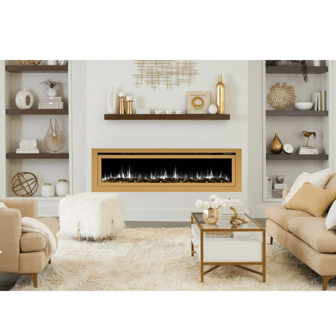 Sideline Deluxe 72 inch gold electric fireplace room setting image.